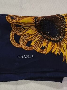 CHANEL Navy Silk Scarf with Yellow Sunflower And Wheat Motif